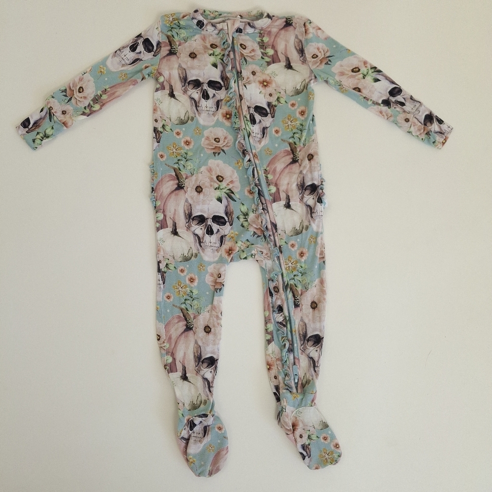 Posh Peanut Floral Skull & Pumpkin Print Ruffled Bamboo Onesie
